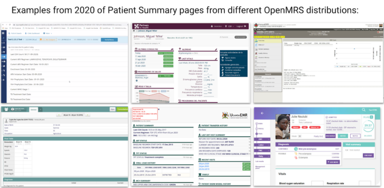 Examples of Patient Summary pages across different OpenMRS distributions in 2020